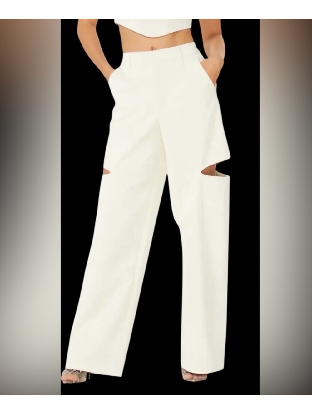 AFRM Cream Faux Leather Wide-Leg Pants with Knee Cutouts